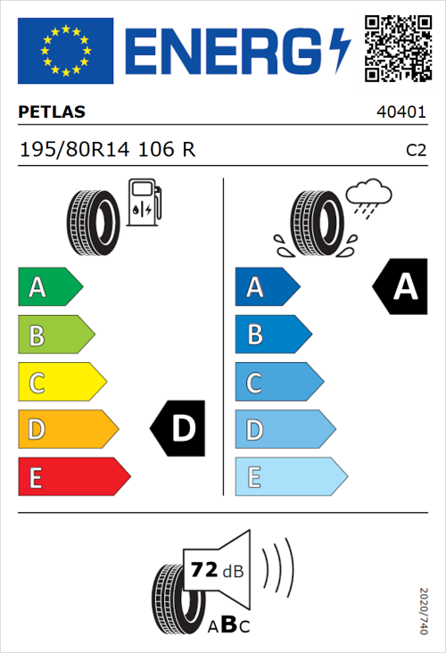 Tyre Label for Petlas Full Power PT825 195/80R14 106R
