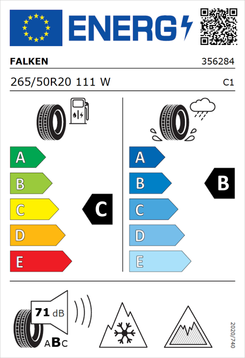 Tyre Label for Falken Euroall Season AS220 PRO 265/50R20 111W