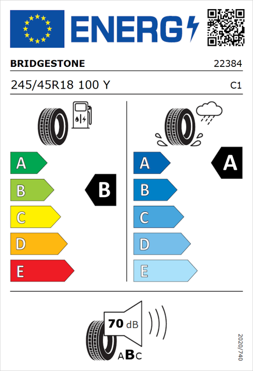 Tyre Label for Bridgestone Turanza 6 245/45R18 100Y